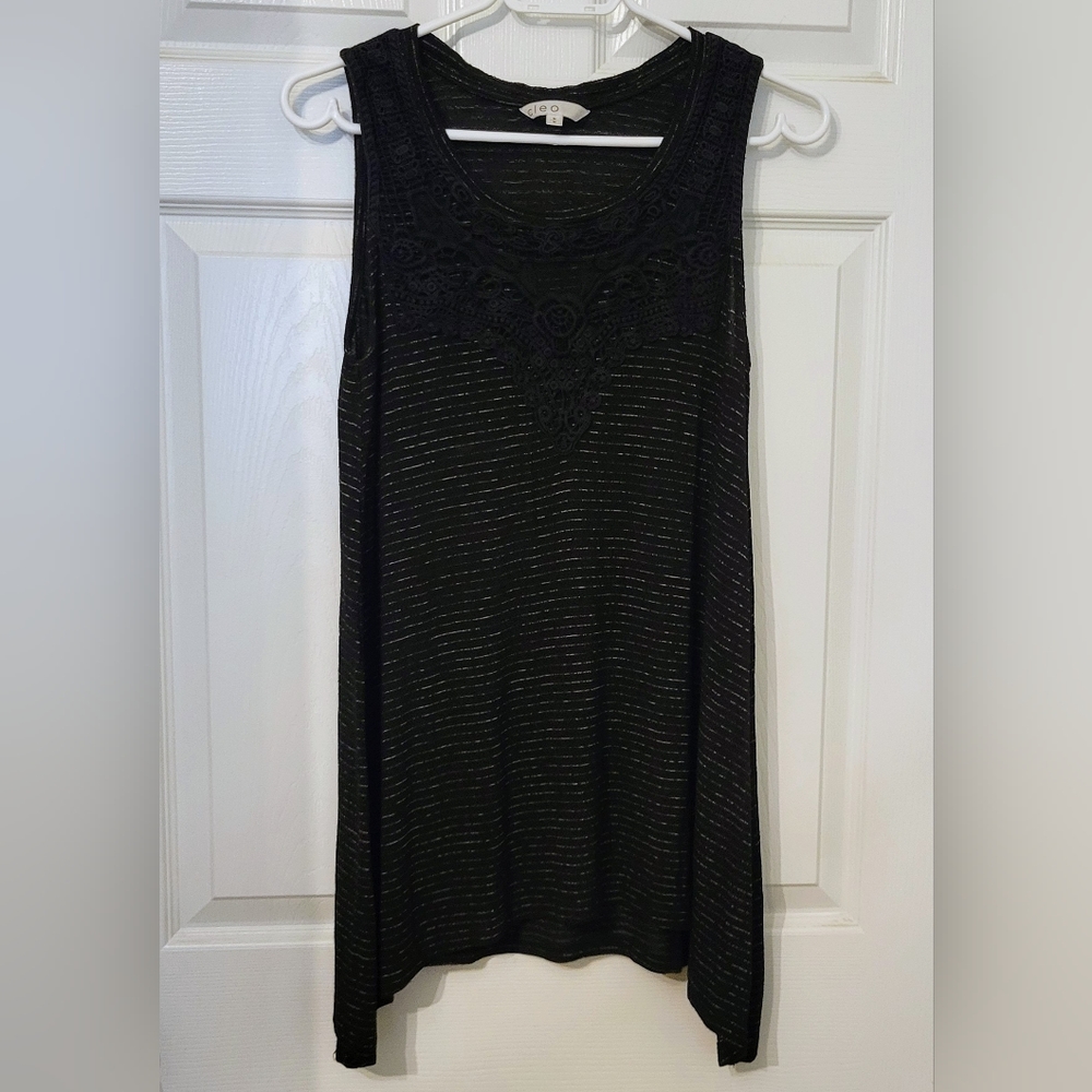 Long Striped Sleeveless Tank Top,  Crochet Lace Collar and Sharkbite Hem